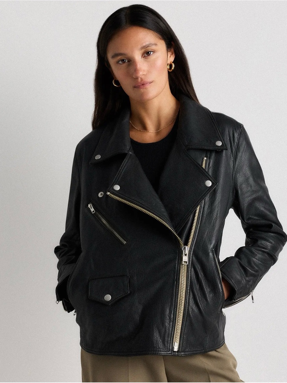 Quince 100% Black Leather Oversized Biker Jacket size small